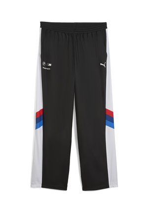 Sorte athletic bukser med et bred ben-design, der har hvide sideløsninger samt røde og blå striber. Elastisk talje for justerbar pasform.