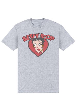 Grå bomulds T-shirt med et trykt grafik af Betty Boop inde i et rødt hjerte, med fed sort tekst der siger "BETTY BOOP" over billedet.
