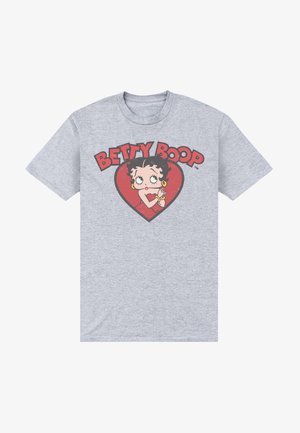Szara bawełniana koszulka z nadrukiem grafiki Betty Boop w czerwonym sercu, z pogrubionym czarnym napisem "BETTY BOOP" nad obrazkiem.