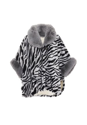Poncho kuvio zebrasta, joka on valmistettu pehmeästä tekoturkista ja jossa on harmaa kaulus, ylimitoitetut hihat ja nappisuljenta. Kermanvärinen vuori.