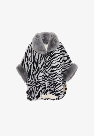 Zebra-Muster Poncho aus weichem Kunstfell, mit einem grauen Kragen, übergroßen Ärmeln und einem Knopfverschluss. Cremige Innenauskleidung.