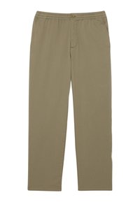 Luźne spodnie khaki z elastycznym pasem, zapinane na guzik, z dwoma bocznymi kieszeniami i gładką fakturą. Prosty krój nogawek.