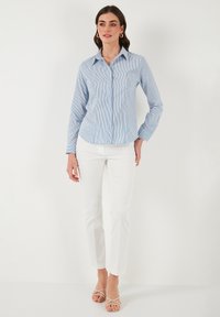 Camicia a righe blu e bianche con colletto, abbinata a pantaloni bianchi slim-fit e sandali beige con cinturini. Il modello è in piedi contro uno sfondo neutro.