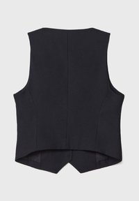 Schwarze ärmellose Weste mit maßgeschneidertem Design, geschwungener Saumlinie, glatter Textur und ohne sichtbare Beschläge oder Akzente.