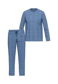 Blauwe langekleurige top met een zak en bijpassende elastische taillebroek. Het materiaal ziet er zacht uit met een gladde textuur en een casual pasvorm.