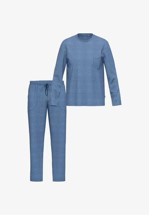 Blauwe langekleurige top met een zak en bijpassende elastische taillebroek. Het materiaal ziet er zacht uit met een gladde textuur en een casual pasvorm.