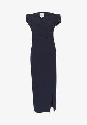 Vestito blu navy off-the-shoulder con dettagli arricciati, vestibilità aderente, lunghezza al ginocchio, con una fessura laterale per maggiore movimento. Tessuto dalla superficie liscia.