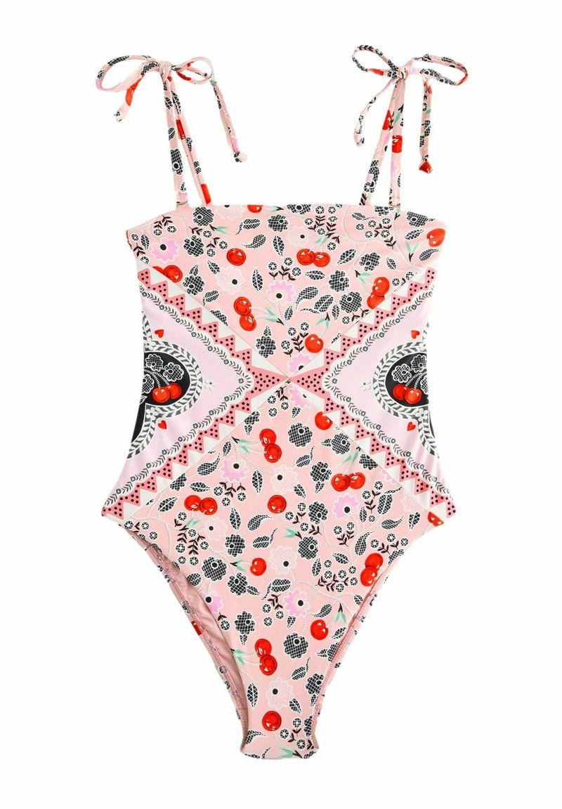 Rožinė vientisa maudymosi kostiumėlis su reguliuojamais raišteliais, gėlių ir vyšnių raštais, kontrastinėmis juodos ir baltos spalvos detalėmis.
