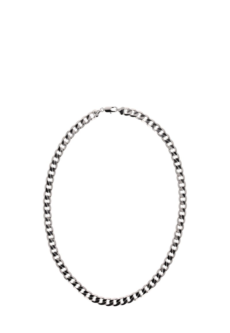 Sølv metal kædehalssmykke med tykke led, der har et afrundet design og en sikker lås, der fremviser en skinnende, poleret overflade.