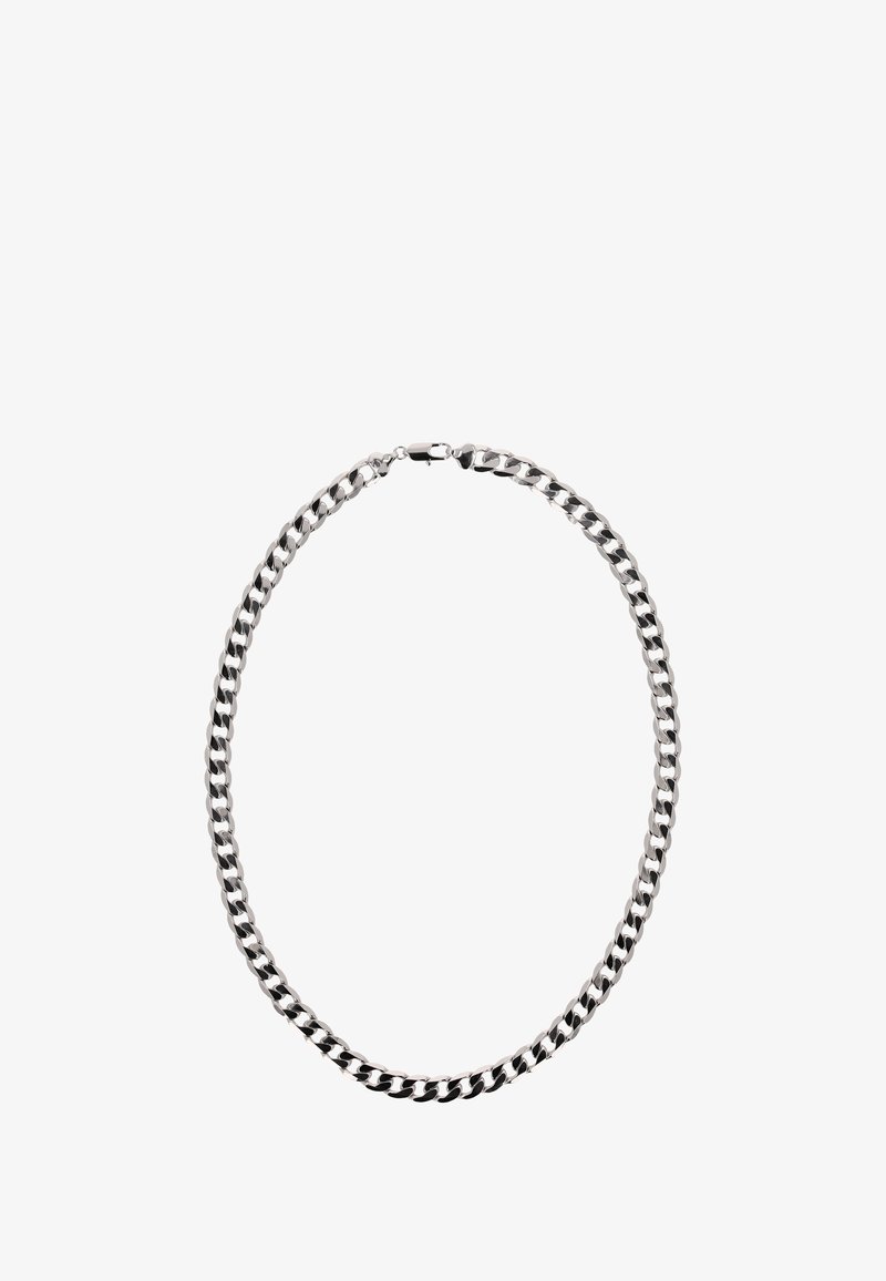 Sølv metal kædehalssmykke med tykke led, der har et afrundet design og en sikker lås, der fremviser en skinnende, poleret overflade.