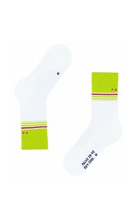 Calze bianche con un risvolto verde lime, caratterizzate da strisce rosa e gialle. La calza sinistra ha un contrassegno 'R'; la destra riporta 'FA' e dettagli del prodotto.
