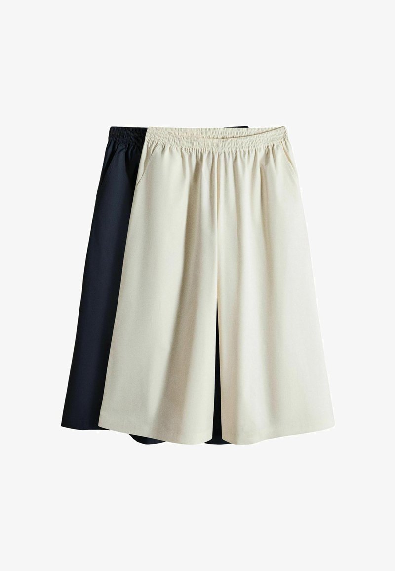 Deux paires de pantalons à taille élastique et jambes larges, l'un beige à l'avant et l'autre noir à l'arrière, présentés à plat sur fond blanc.