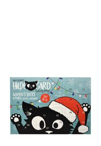 Calendario dell'Avvento in una scatola con un gatto nero che indossa un cappello di Babbo Natale rosso, sfondo blu e luci di Natale colorate; contiene calze da donna di misura 35-41.
