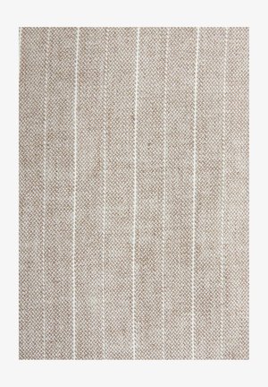 Light brown textured fabric with white vertical stripes, woven pattern creating depth and dimension. Features a subtle, natural look.