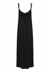 Schwarzes Maxikleid mit verstellbaren Trägern, gerafftem Ausschnitt und einem fließenden Schnitt. Hergestellt aus leichtem Stoff für maximalen Tragekomfort.