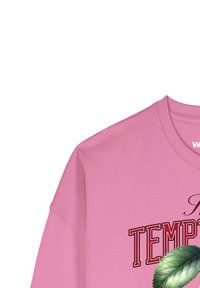 Rosa Sweatshirt mit rundem Ausschnitt, auffälliger roter Aufschrift "TEMP" und einem Blatt-Design. Glatter Stoff mit legerer Passform.