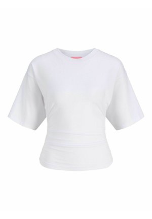 Balta trumpomis rankovėmis moteriška marškinėliai su apvalia iškirpte ir liemens detale ant vientisos baltos spalvos fono.