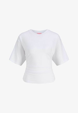 Balta trumpomis rankovėmis moteriška marškinėliai su apvalia iškirpte ir liemens detale ant vientisos baltos spalvos fono.