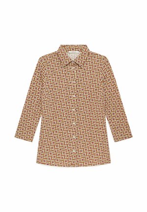 Long-sleeve button-up shirt with a brown, cream, and red geometric clover pattern and a pointed collar.