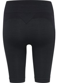 Mustat polvipituudet leggingsit, joissa on ribbineulos, verkkokoristeet vyötäröllä ja vartalonmyötäinen malli. Sileä pinta ja joustava kangas.