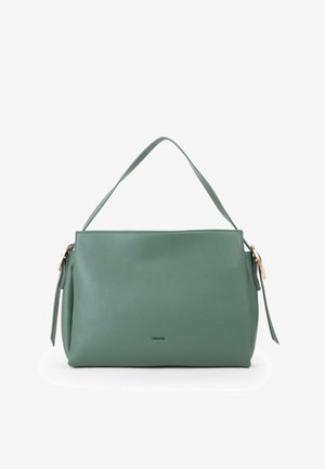 Grüne Lederhandtasche mit strukturiertem Design, ausgestattet mit einem Obergriff und goldfarbenen Hardware-Details. Glatte Textur mit minimaler Markenkennzeichnung.