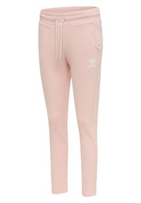 Ljusrosa sweatpants gjorda av mjukt tyg, med ett elastiskt midjeband med dragsko, sidofickor och en vit logotyp på vänster lår.