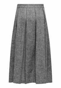 Pelēka plīvēta svārku, kas izgatavota no teksturēta auduma, ar augstu jostu un garumu līdz zem ceļgaliem, ar vertikālām šuvju detaļām.