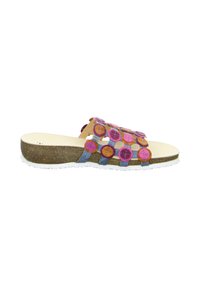 Cork footbed slide sandal with multicolored circular appliqués on the strap, light brown base, and white outsole. Features open design.