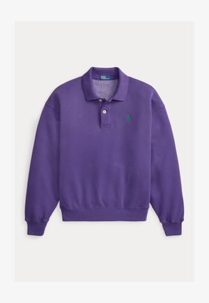 Lila Baumwoll-Sweatshirt mit umgeschlagenem Kragen, Dreiknopf-Leiste und grünem Logo auf der linken Brust. Gerippte Bündchen und Saum.