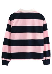 Langærmet polo i pink og marineblå striber, med en hvid krave og elastiske ærmeafslutninger. Glat stof med en afslappet pasform.