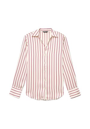 Langärmliges Hemd in Creme mit roten vertikalen Streifen. Verfügt über einen Kragen, geknöpfte Ärmelbündchen und einen leicht abgerundeten Saum.