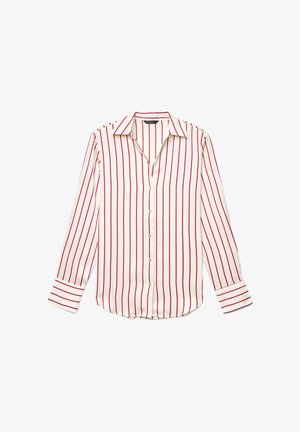 Langärmliges Hemd in Creme mit roten vertikalen Streifen. Verfügt über einen Kragen, geknöpfte Ärmelbündchen und einen leicht abgerundeten Saum.