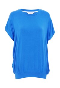 Blauwe top met korte mouwen, gemaakt van zachte stof en met een relaxte pasvorm. Heeft een ronde halslijn en een geraffineerde zoom bij de taille.