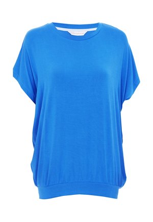 Haut bleu à manches courtes en tissu doux avec une coupe décontractée. Présente un col rond et un ourlet froncé à la taille.