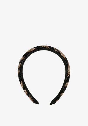 Fascia per capelli con perline che presenta un motivo nei toni nero e neutro, con un interno liscio nero e dettagli texture con perline.