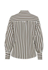 Striped blouse in cream and black. Features a high collar, long billowing sleeves, and pleating detail at the back. Smooth fabric texture.