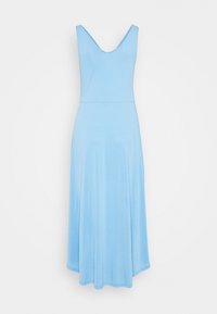 Light blue, sleeveless maxi dress with a V-neckline and flowy hem, set against a white background. Simple and elegant design.