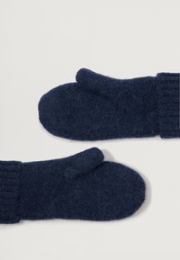 Mørkeblå uldvotter med en blød, fuzzy tekstur og ribbede manchetter. Hver vott har en rund form og en tommelfingersektion.