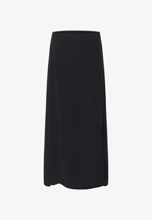 Black knee-length skirt made from soft fabric, featuring a smooth texture and an elastic waistband for comfort. Simple, straight design.
