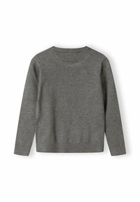 Siv krožnjak pleten pulover z dolgimi rokavi, okroglo izrezano ovratniku ter rebrastimi manšetami in robom. Gladka tekstura s preprostim dizajnom.