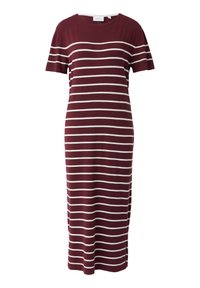 Bordeaux gestreiftes Kleid mit kurzen Ärmeln, Rundhalsausschnitt und gerader Silhouette mit seitlichen Schlitzen für eine einfache Beweglichkeit. Mischgewebe aus Baumwolle.