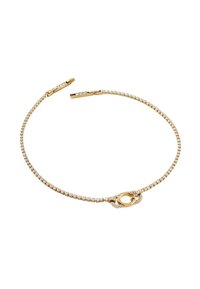 Bracciale color oro con una catena di cristalli scintillanti, dotato di un design per la chiusura decorativa e una superficie liscia.