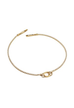 Gold-tone bracelet featuring a sparkling crystal chain, with a decorative clasp design and a smooth texture.