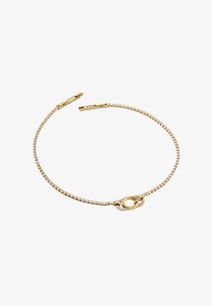 Złoty bransoletka z błyszczącym łańcuchem kryształowym, z dekoracyjnym zapięciem i gładką fakturą.