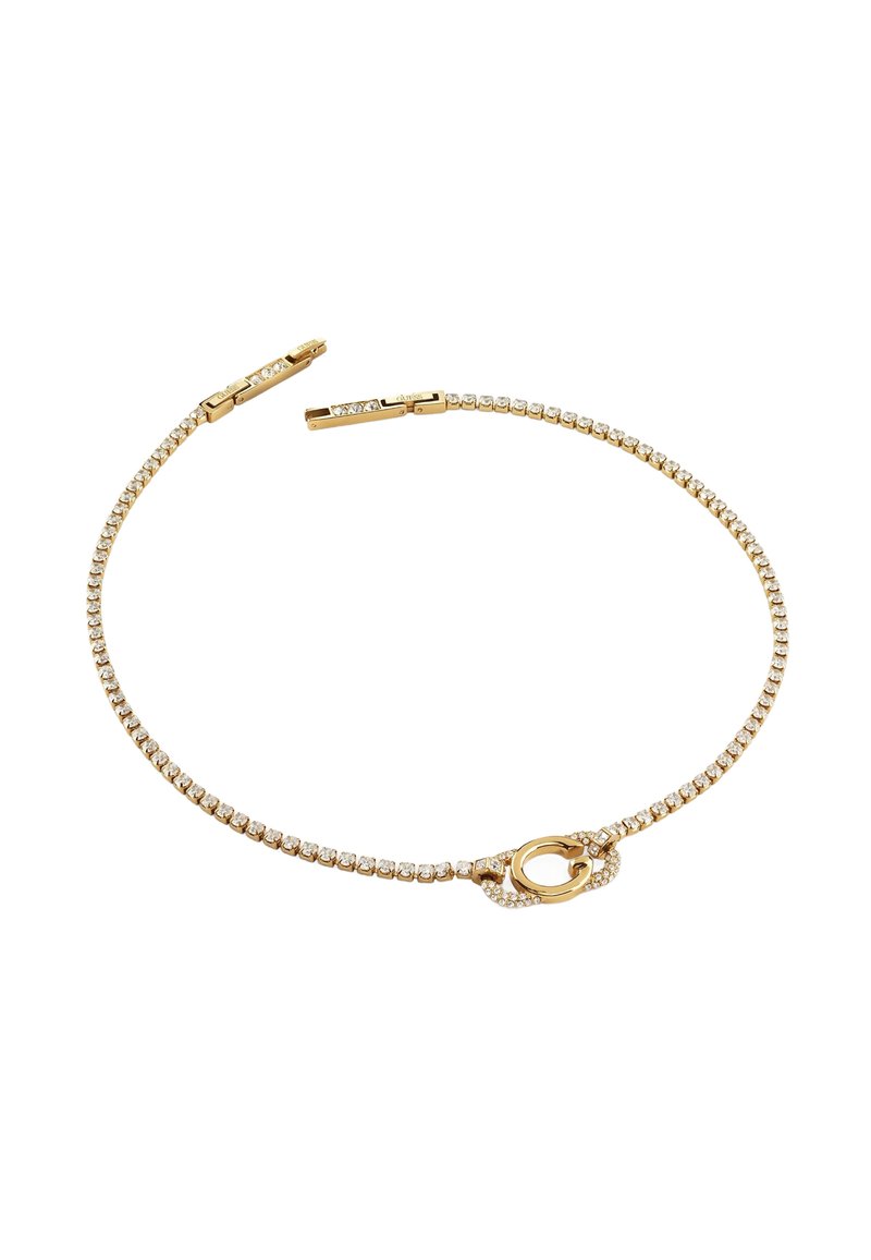 Bracciale color oro con una catena di cristalli scintillanti, dotato di un design per la chiusura decorativa e una superficie liscia.