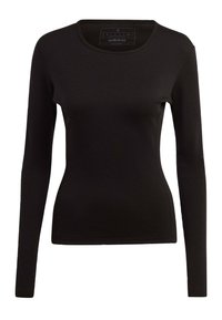 Top nero a maniche lunghe realizzato in tessuto morbido con un design aderente, caratterizzato da un collo rotondo e una trama liscia, senza motivi o dettagli.