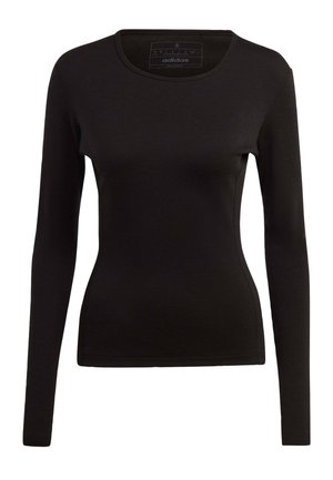 Langärmliges schwarzes Oberteil aus weichem Stoff mit tailliertem Schnitt, Rundhalsausschnitt und glatter Textur, ohne Muster oder Akzente.