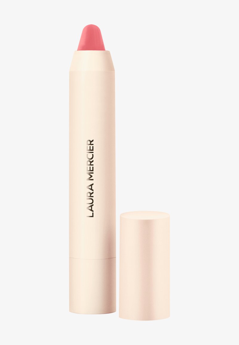 Laura Mercier leppeblyant i myk rosa. Har et høyt, sylinderformet rør med en jevn matt finish og en avrundet spiss, dekket av et matchende lokk.