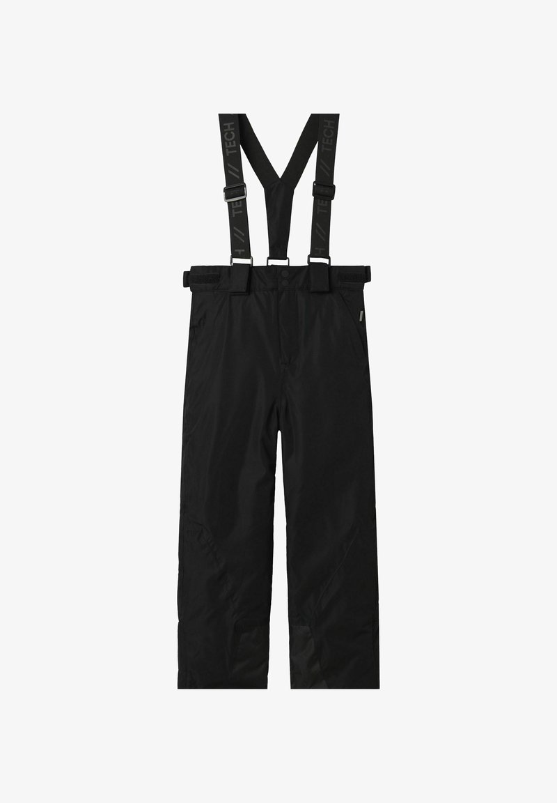 Črne vodoodporne hlače z nastavljivimi naramnicami, gladka tekstura, krojen fit in ojačani šivi za vzdržljivost.