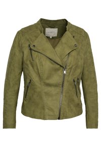 Zielona oliwkowa zamszowa kurtka motocyklowa z asymetrycznym suwakiem, wieloma kieszeniami na zamek i pikowanymi detalami na ramionach.